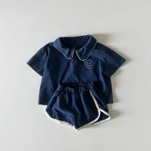 Smiley Face Lapel T-shirt Casual Sports Suit Color Blocking Two Piece Set